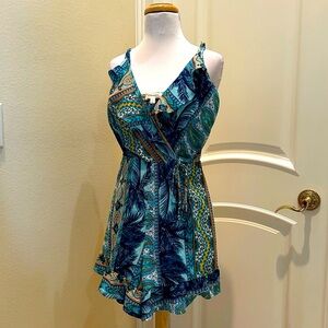NWOT Monteau turquoise pattern ruffle wrap front romper